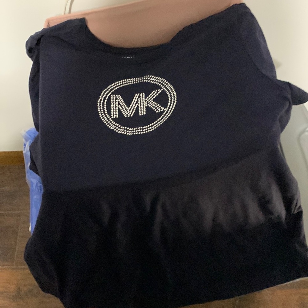 Michael Kors Rhinestone Circled MK Logo Navy Tee